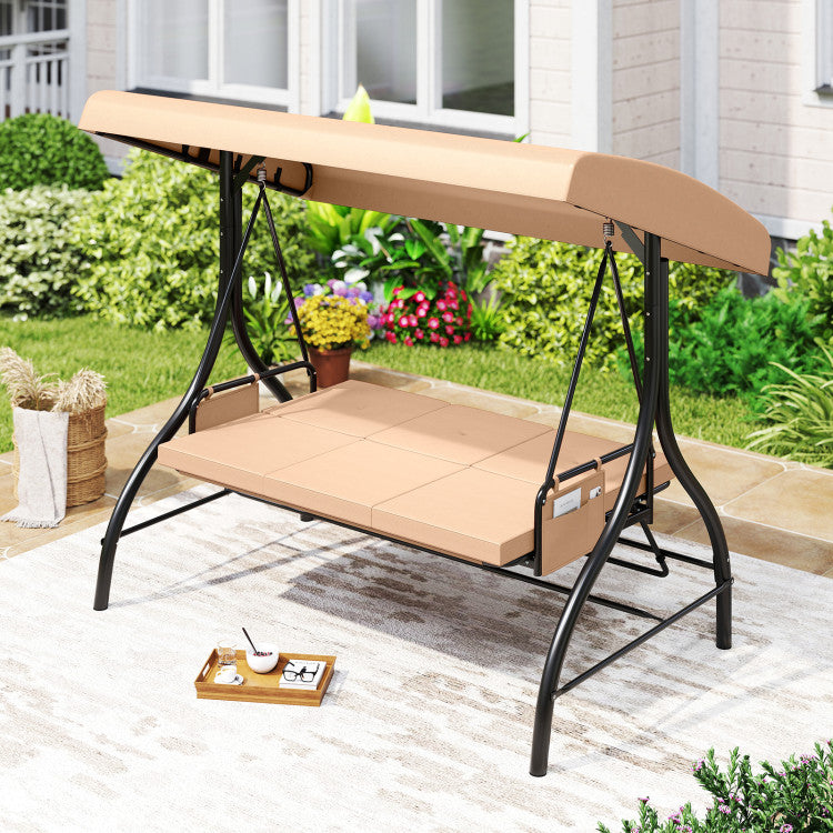 3-Piece Patio Swing with Canopy Removable Cushions and Side Pockets