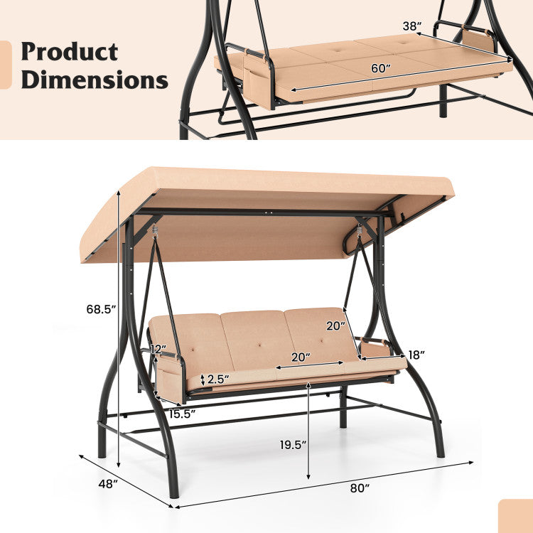 3-Piece Patio Swing with Canopy Removable Cushions and Side Pockets