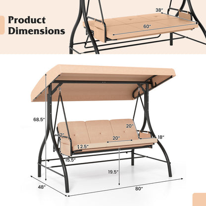 3-Piece Patio Swing with Canopy Removable Cushions and Side Pockets