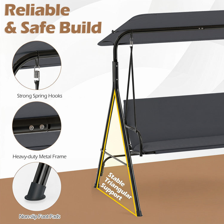 3-Seat Outdoor Patio Swing Chair with Adjustable Tilt Canopy and Stand