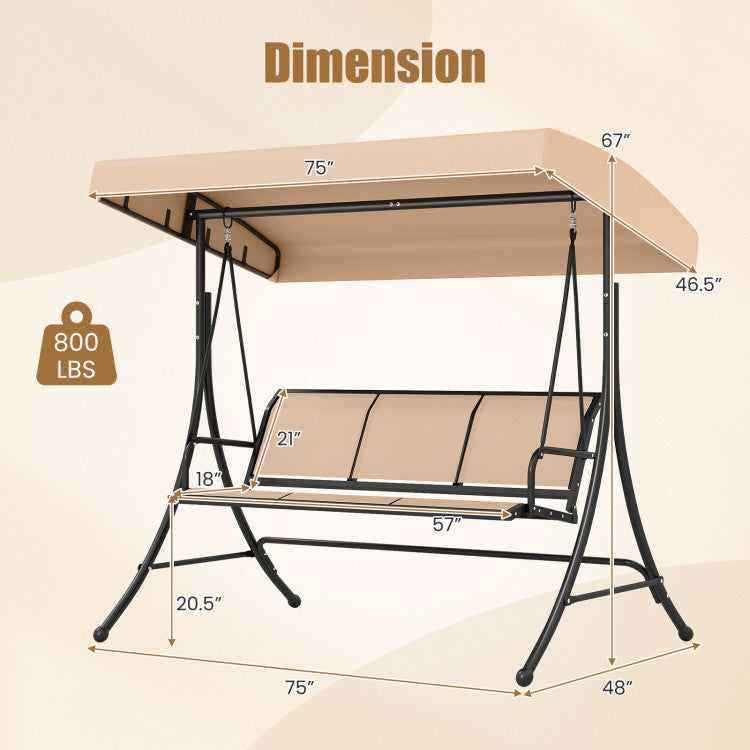 3-Seat Patio Swing Chair with Adjustable Canopy