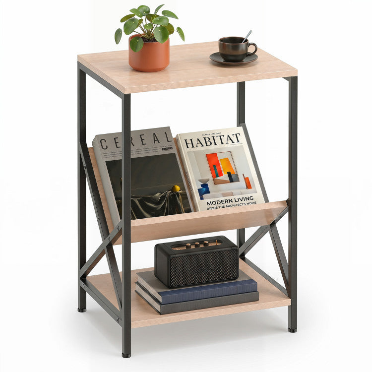 3-Tier Industrial Side Table with V-shaped Bookshelf for Living Room