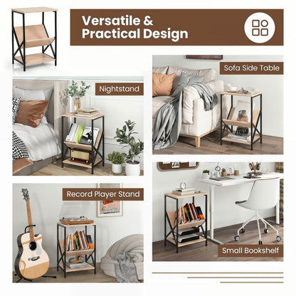 3-Tier Industrial Side Table with V-shaped Bookshelf for Living Room