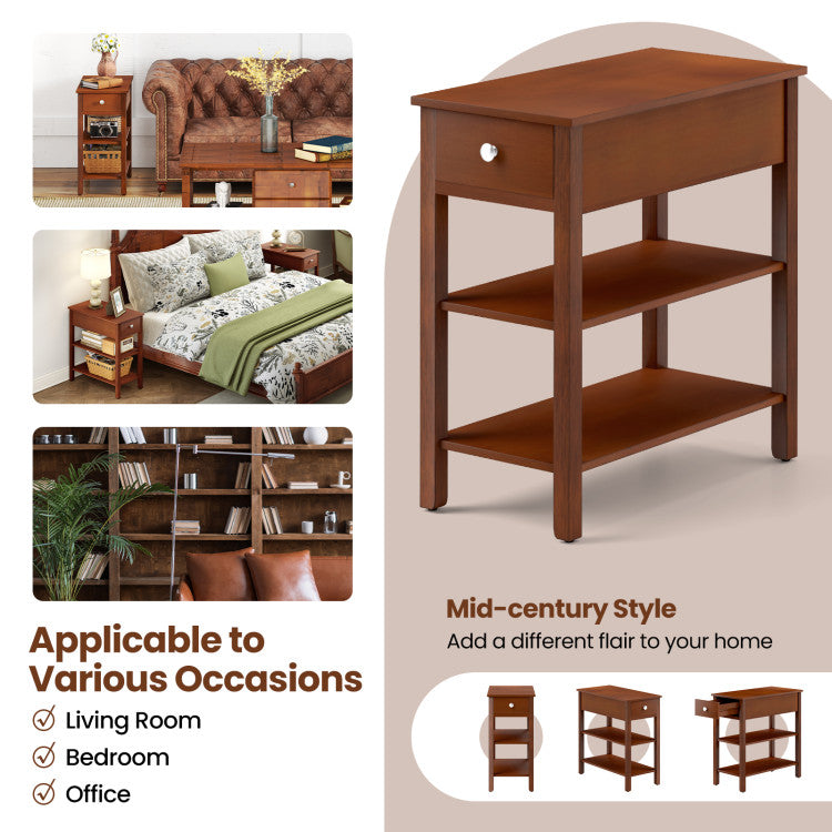 3-Tier Narrow End Table with Drawer and Storage Shelves Set of 2