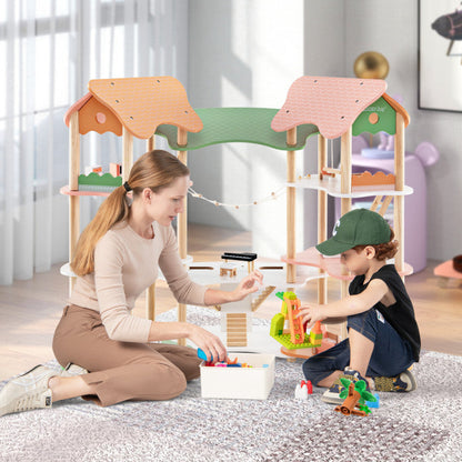 3-Tier Wooden Dollhouse for Kids Aged 3-8 Years Old with 32 Pieces of Accessories
