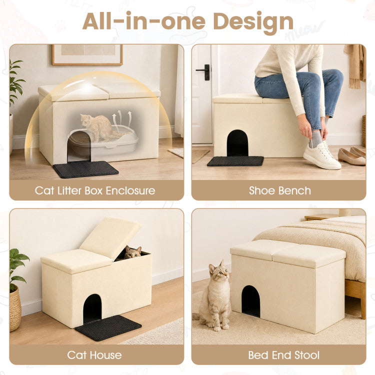 3-in-1 Cat Litter Box Enclosure with Removable & Movable Divider for Pets