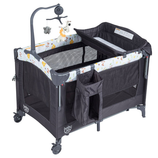 3-in-1 Convertible Portable Baby Playard with Music Box and Wheel and Brakes