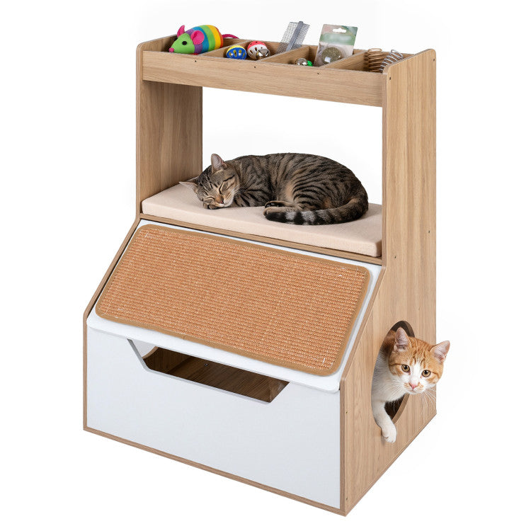 3-in-1 Hidden Cat House Cabinet with 4 Cubbies Removable Cushion and Scratching Pad