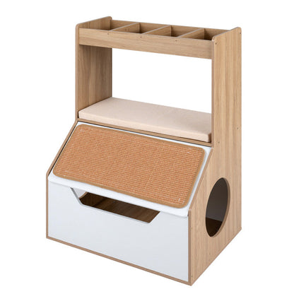 3-in-1 Hidden Cat House Cabinet with 4 Cubbies Removable Cushion and Scratching Pad