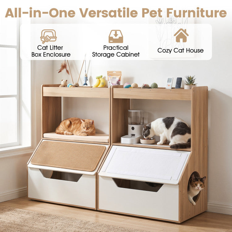 3-in-1 Hidden Cat House Cabinet with 4 Cubbies Removable Cushion and Scratching Pad