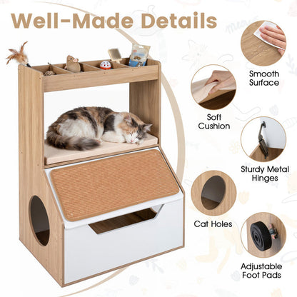 3-in-1 Hidden Cat House Cabinet with 4 Cubbies Removable Cushion and Scratching Pad