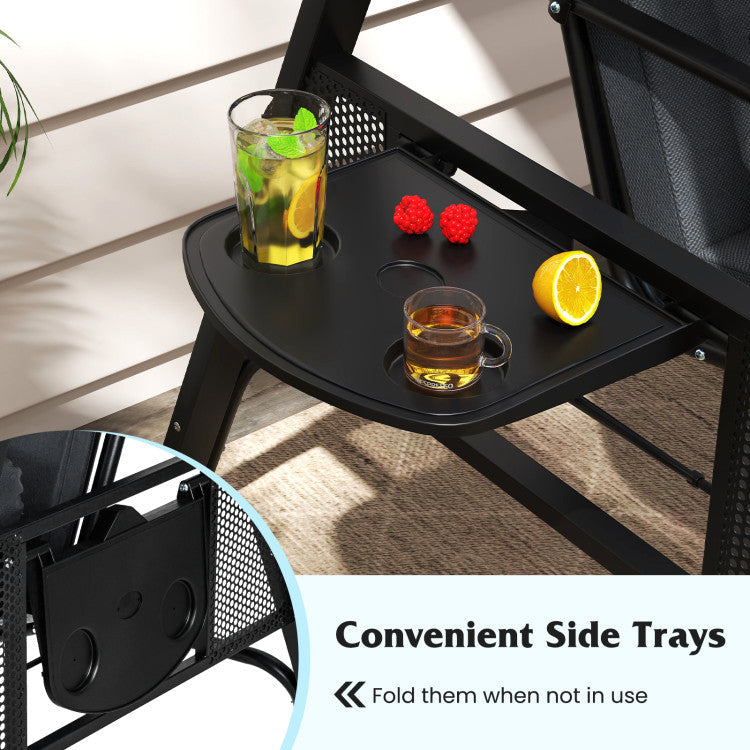 3-Seat Patio Swing Chair Porch Swing with Adjustable Canopy Thickened Cushions Pillow and Foldable Side Trays
