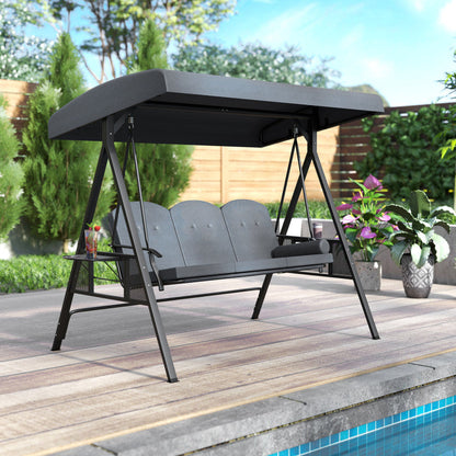 3-Seat Patio Swing Chair Porch Swing with Adjustable Canopy Thickened Cushions Pillow and Foldable Side Trays