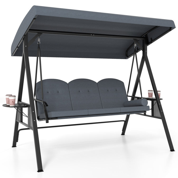 3-Seat Patio Swing Chair Porch Swing with Adjustable Canopy Thickened Cushions Pillow and Foldable Side Trays
