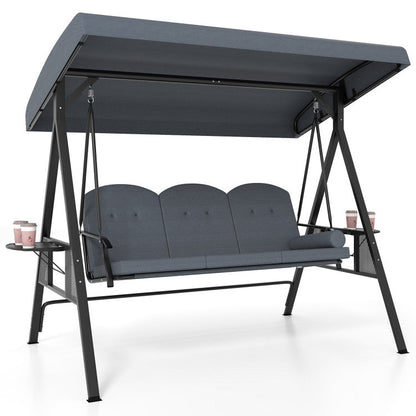 3-Seat Patio Swing Chair Porch Swing with Adjustable Canopy Thickened Cushions Pillow and Foldable Side Trays
