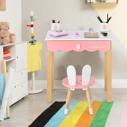 Kids Rabbit Vanity Table Chair Set with Mirror and Drawer
