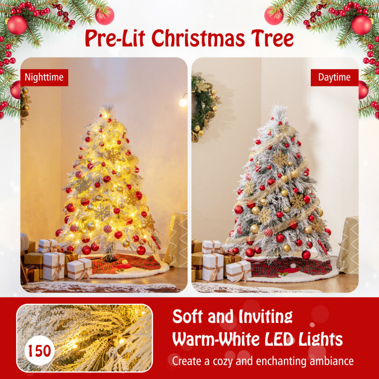 4.5/6/7 Feet Pre-Lit Snow Flocked Christmas Tree with Warm White LED Lights