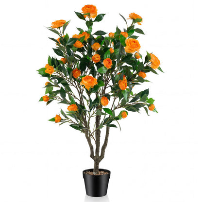 40 Inch Artificial Camellia Tree with 37 Flowers and River Stones in Pot