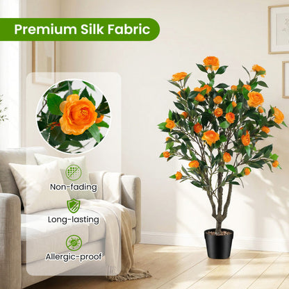 40 Inch Artificial Camellia Tree with 37 Flowers and River Stones in Pot