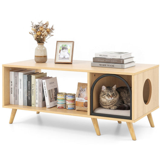 40 Inch Coffee Table Cat House 2-in-1 Wooden Kitten Furniture with Open Storage Shelf