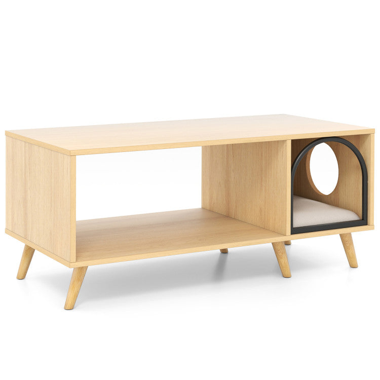 40 Inch Coffee Table Cat House 2-in-1 Wooden Kitten Furniture with Open Storage Shelf