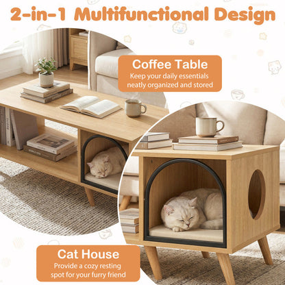 40 Inch Coffee Table Cat House 2-in-1 Wooden Kitten Furniture with Open Storage Shelf