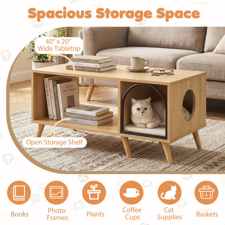 40 Inch Coffee Table Cat House 2-in-1 Wooden Kitten Furniture with Open Storage Shelf