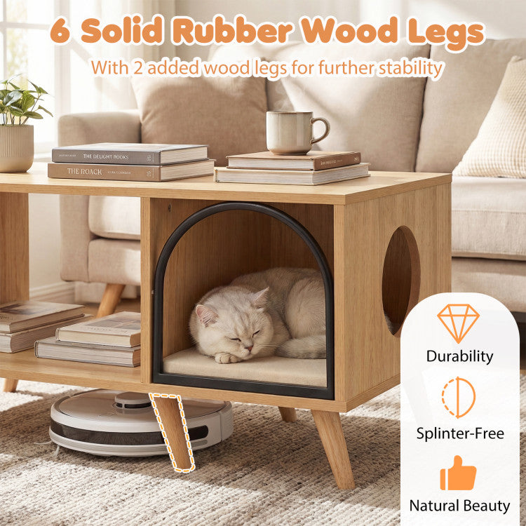 40 Inch Coffee Table Cat House 2-in-1 Wooden Kitten Furniture with Open Storage Shelf