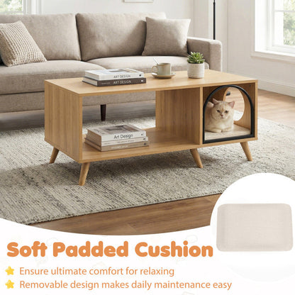 40 Inch Coffee Table Cat House 2-in-1 Wooden Kitten Furniture with Open Storage Shelf