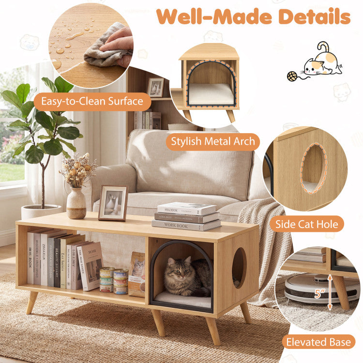 40 Inch Coffee Table Cat House 2-in-1 Wooden Kitten Furniture with Open Storage Shelf