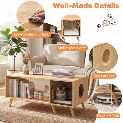 40 Inch Coffee Table Cat House 2-in-1 Wooden Kitten Furniture with Open Storage Shelf