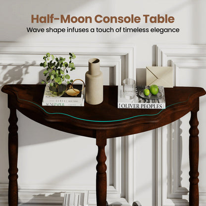 42 Inch Half Moon Console Table with Shelf and Rubber Wood Legs