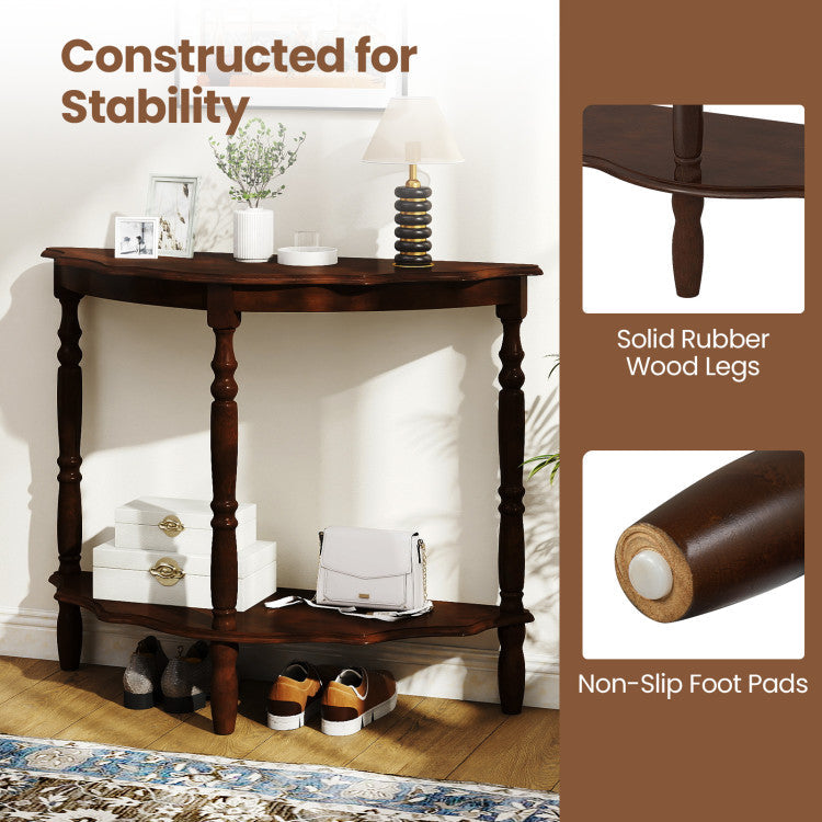 42 Inch Half Moon Console Table with Shelf and Rubber Wood Legs