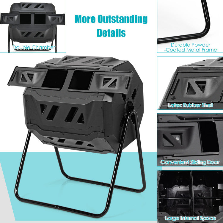 43 Gallon Rotating Compost Bin Barrel with Dual Chamber and Sliding Doors