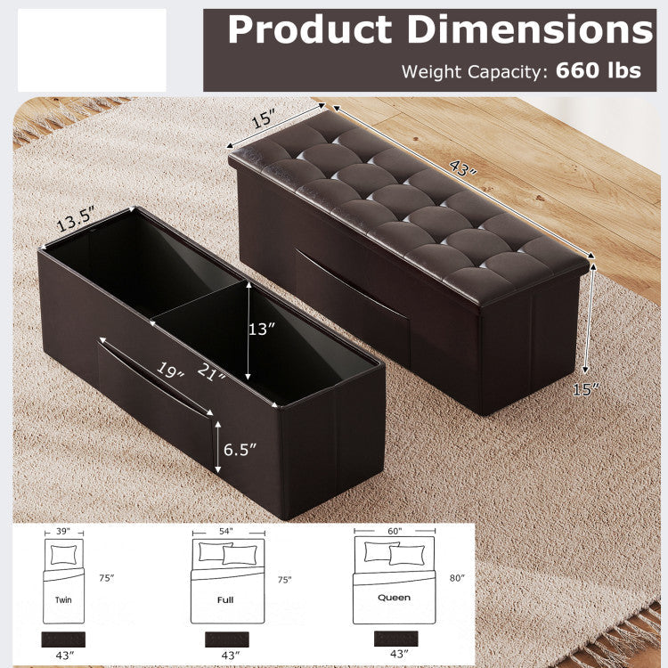 43 Inches Folding Storage Ottoman Bench Foot Rest Stool End of Bed Bench
