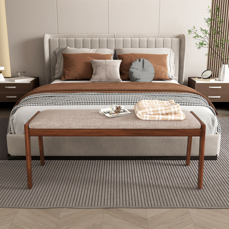 45 Inch Farmhouse Backless Bench with Rubber Wood Legs and Fabric Padded Seat
