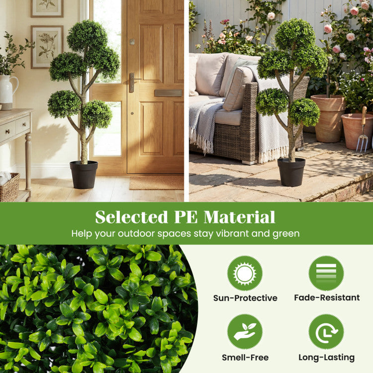 46-Inch Artificial Boxwood Topiary Tree Fake Potted Boxwood Tree with 5 Ball-Shaped Topiaries