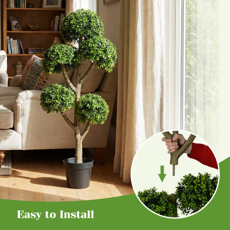 46-Inch Artificial Boxwood Topiary Tree Fake Potted Boxwood Tree with 5 Ball-Shaped Topiaries