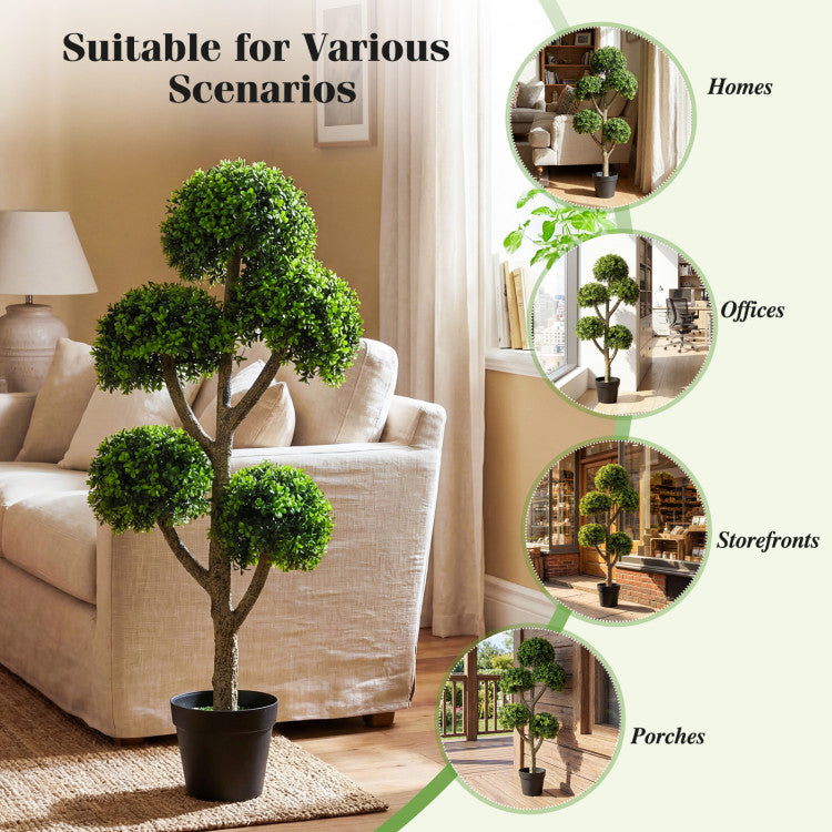 46-Inch Artificial Boxwood Topiary Tree Fake Potted Boxwood Tree with 5 Ball-Shaped Topiaries