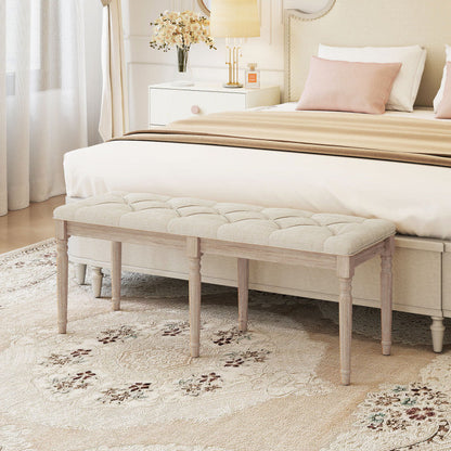 47.5 Inch Upholstered Bench with Carved Rubber Wood Legs and Padded Seat
