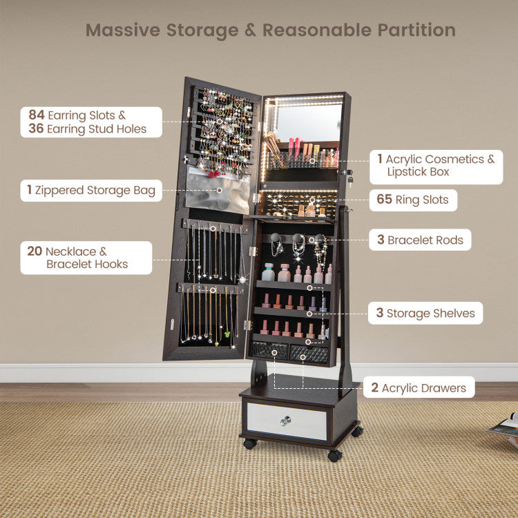 47 Inch Lockable Jewelry Cabinet Armoire with 3-Color LED Lights