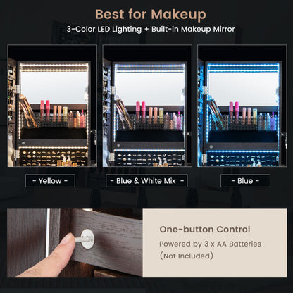 47 Inch Lockable Jewelry Cabinet Armoire with 3-Color LED Lights