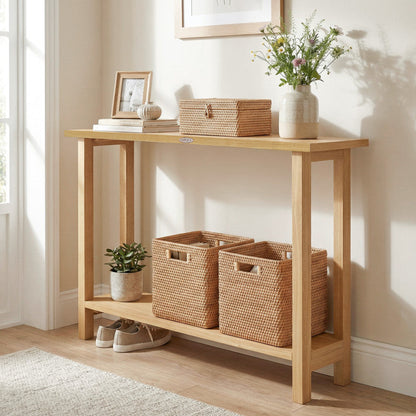 47 Inch Solid Wood Console Table with Teak Wood Frame and Storage Shelf