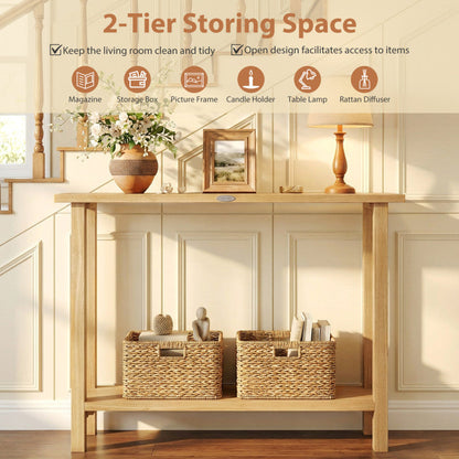 47 Inch Solid Wood Console Table with Teak Wood Frame and Storage Shelf