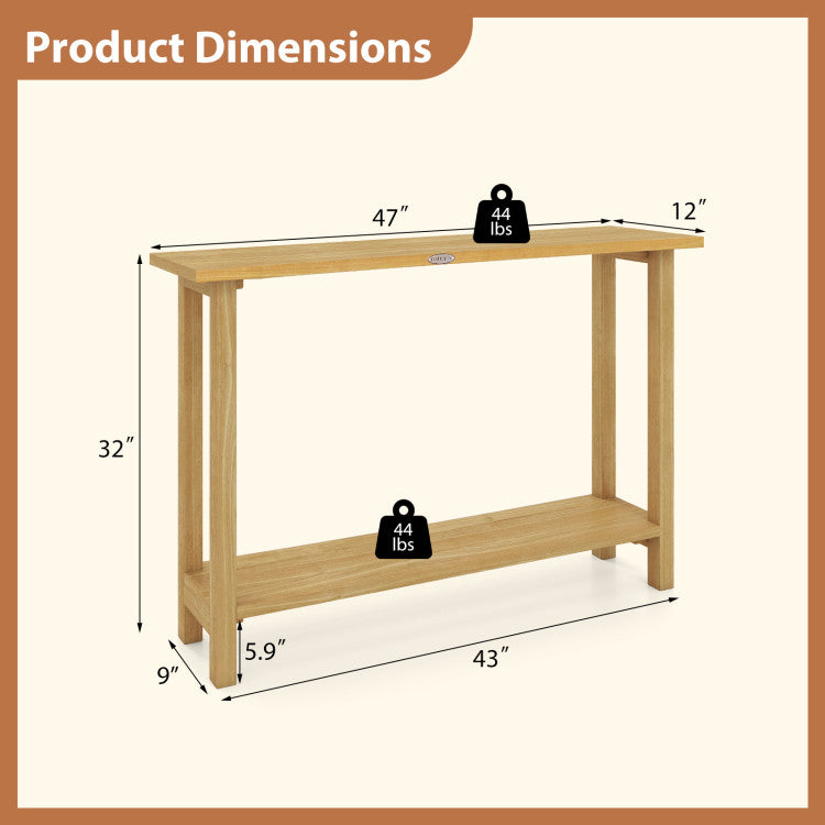 47 Inch Solid Wood Console Table with Teak Wood Frame and Storage Shelf