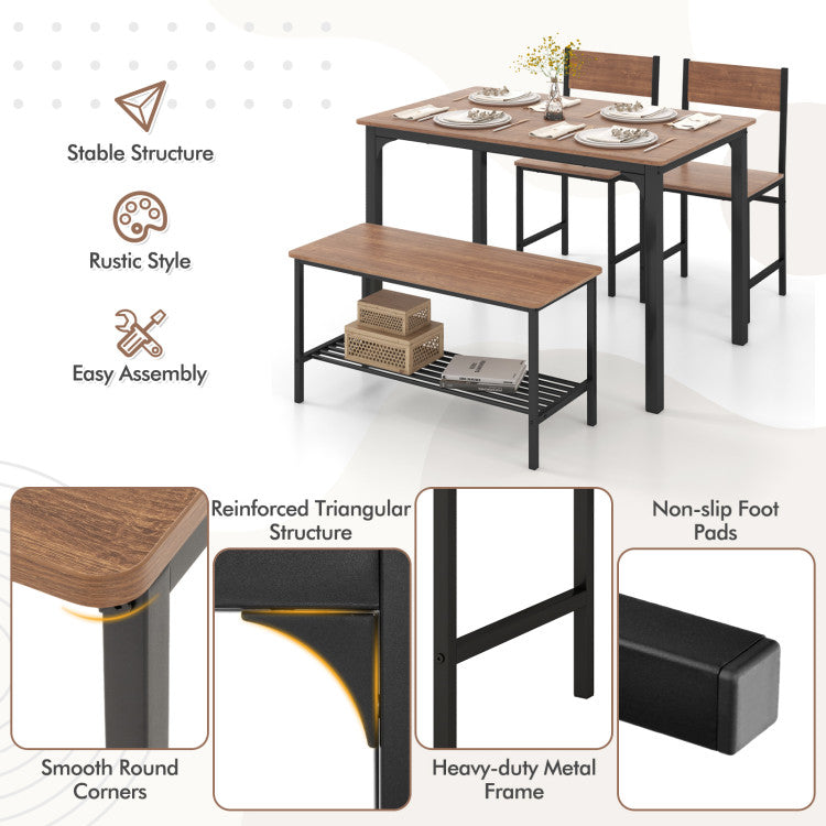 4 Pieces Rustic Dining Table Set with 2 Chairs and Bench