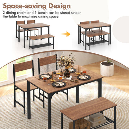 4 Pieces Rustic Dining Table Set with 2 Chairs and Bench
