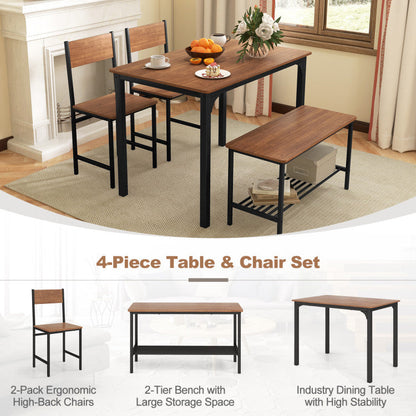 4 Pieces Rustic Dining Table Set with 2 Chairs and Bench