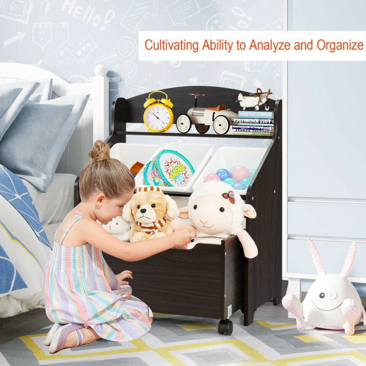 Kids Toy Storage Organizer with Rolling Toy Box and Plastic Bins, Wooden Cabinet