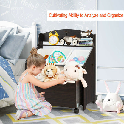 Kids Toy Storage Organizer with Rolling Toy Box and Plastic Bins, Wooden Cabinet